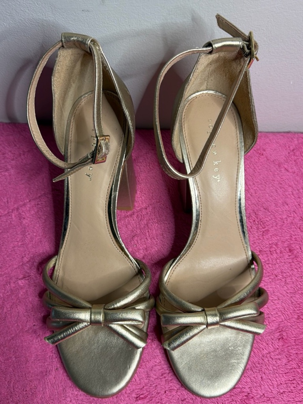Copper Key Metallic Gold Bow Ankle-Strap Heels